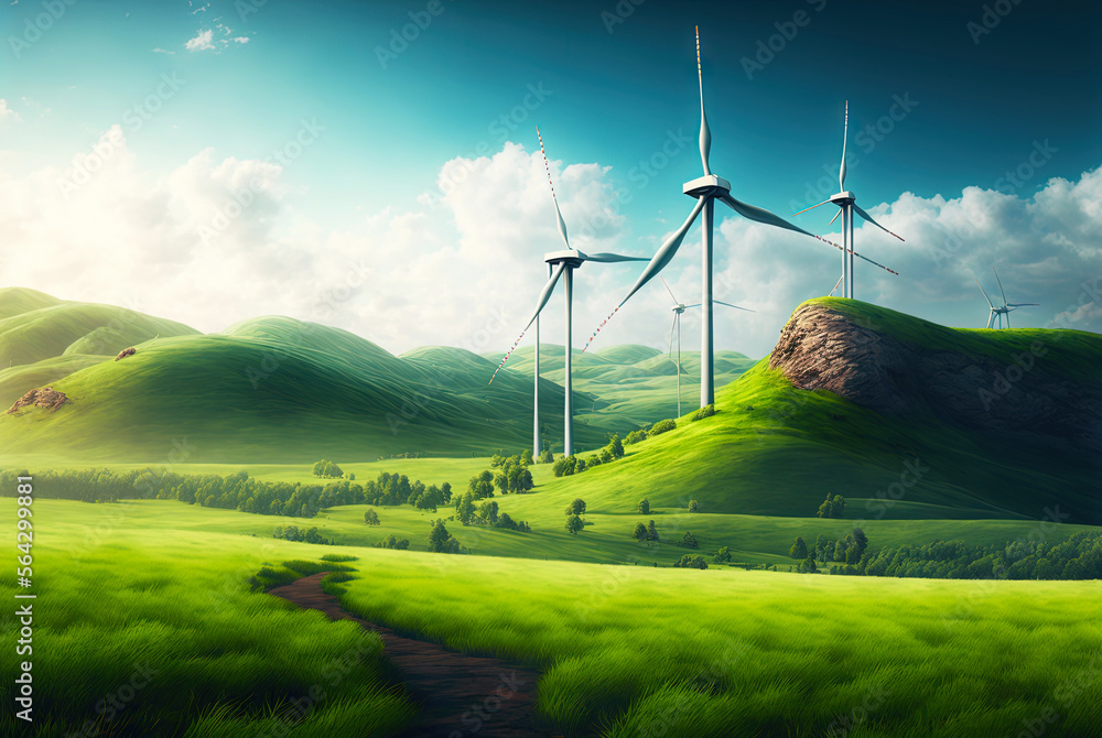 Landscape with windmills. Renewable electricity technology. Generative AI