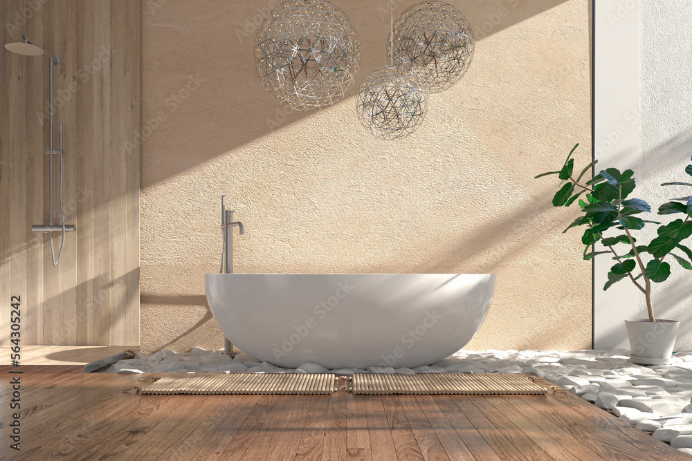 Modern bathroom interior with wooden decor in eco style. 3D Render