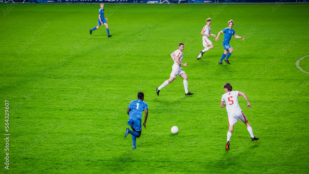 Stadium Soccer Football Match Championship: Blue Team Players Attacks, Plays in Pass. Action Game on