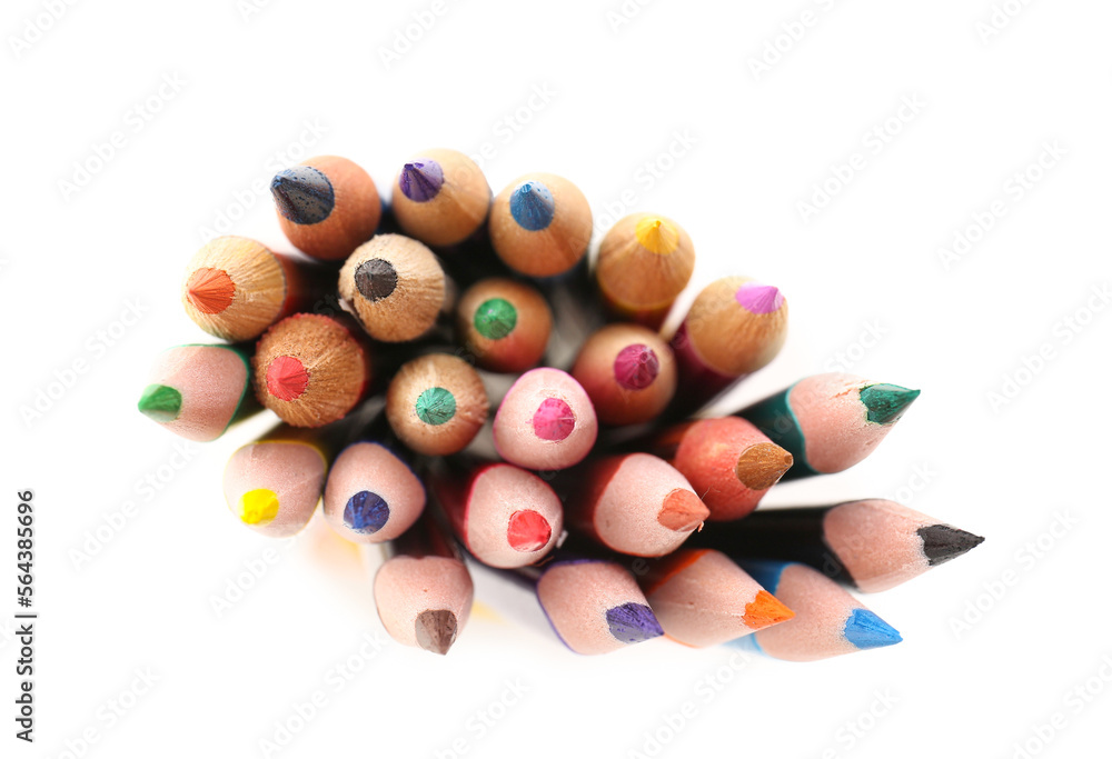 Set of colorful pencils on white background, top view