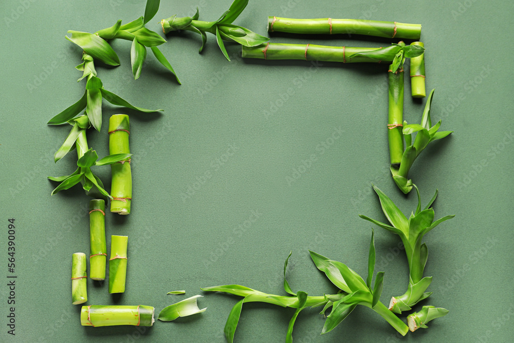 Frame made of fresh bamboo stems on green background