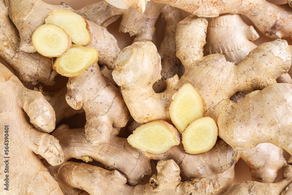 Texture of fresh ginger roots as background