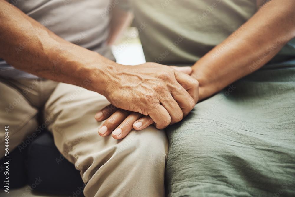 Hand holding, elderly couple and hands with love, care and peace feeling support and solidarity. Hom