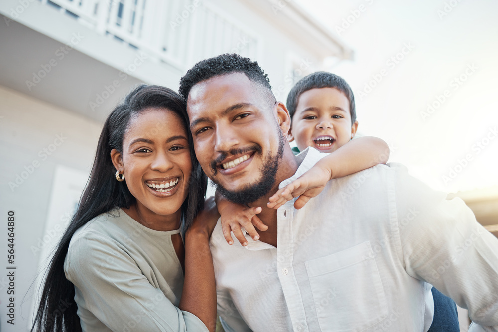 Mother, father and child with smile for family portrait, piggyback or bonding outside the house. Hap