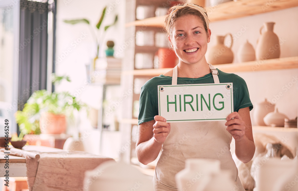 Hiring sign, woman and small business owner in portrait for shop recruitment, retail job advertising