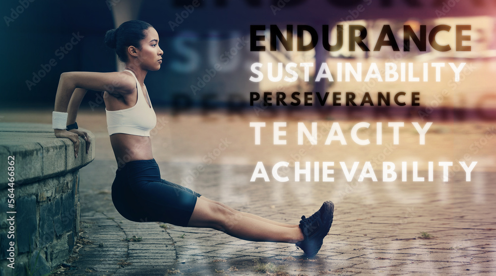 Motivation, fitness and words while woman exercise, workout or training outdoors in a city or town. 