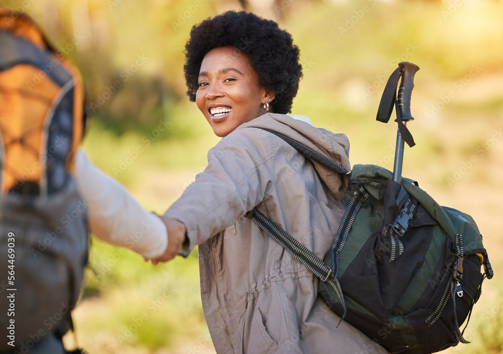 Black woman, holding hands and hiking with smile for travel, adventure or journey with partner in na