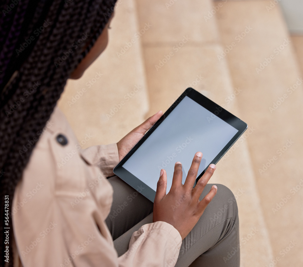 Tablet, screen and mockup with hands of woman or student outdoor for e learning, online course and e