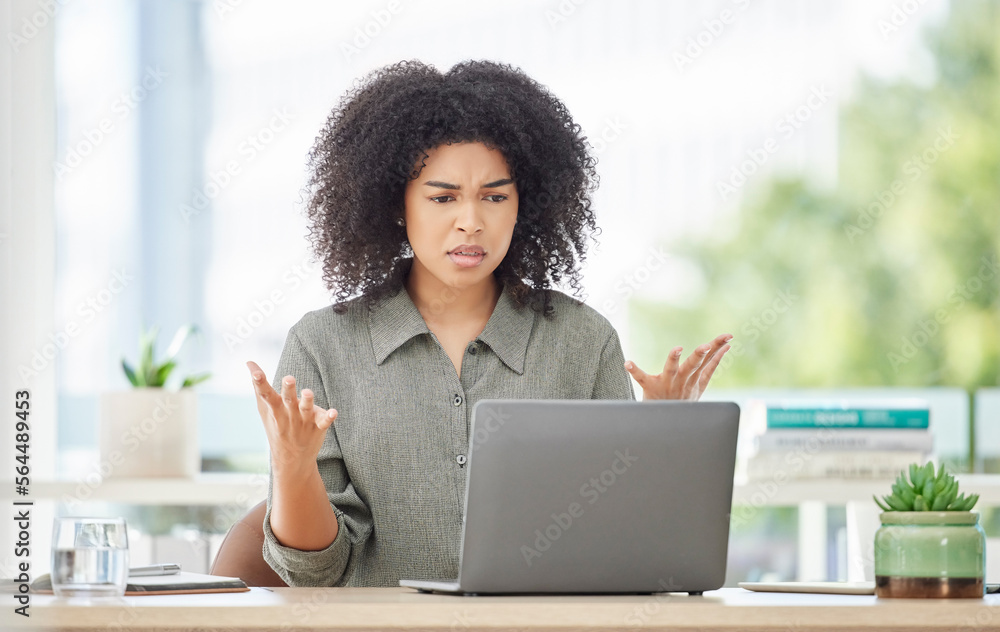 Laptop, glitch and frustrated with a business black woman looking upset or annoyed while working in 