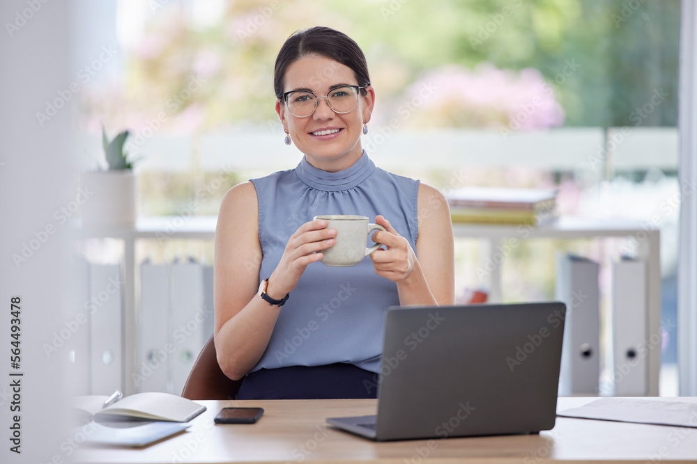 Portrait, coffee and laptop with a business woman taking a break while working on a report in her of