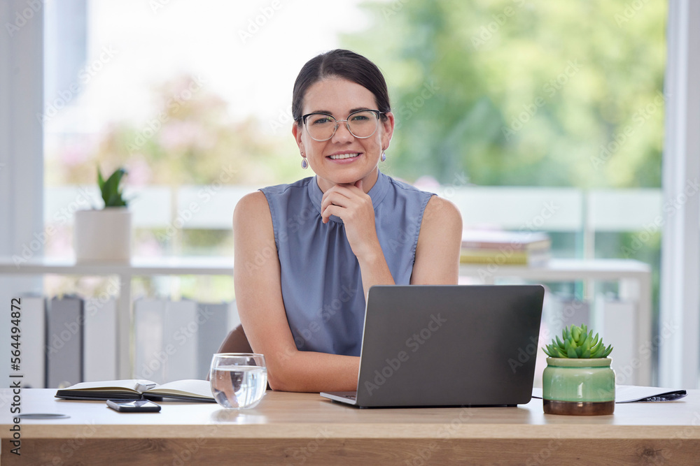 Portrait, leadership and happy woman at her desk for email management, planning schedule and company