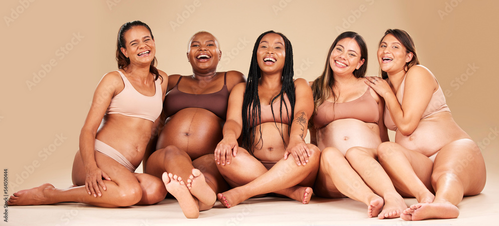 Women group, studio portrait and pregnancy happiness with diversity, smile and solidarity by backgro