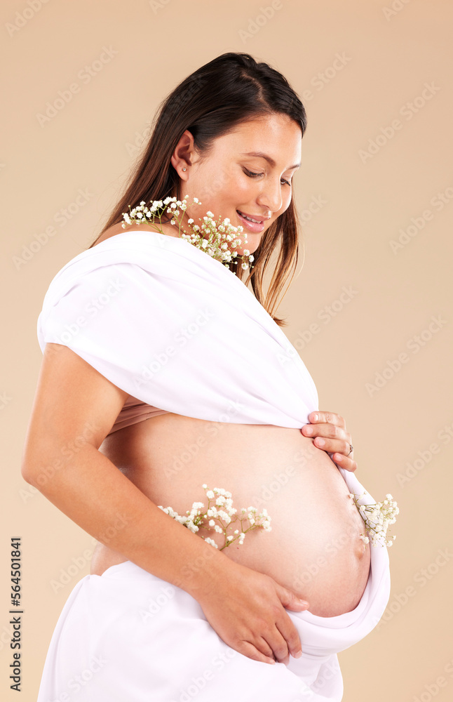 Pregnant, mother and flowers on stomach, healthcare and excited for birth, smile and girl on brown s