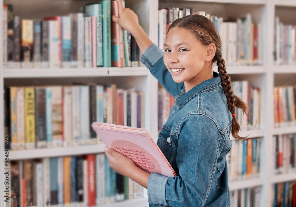 Books, happy or girl in a library to search for knowledge or development for learning growth. High s