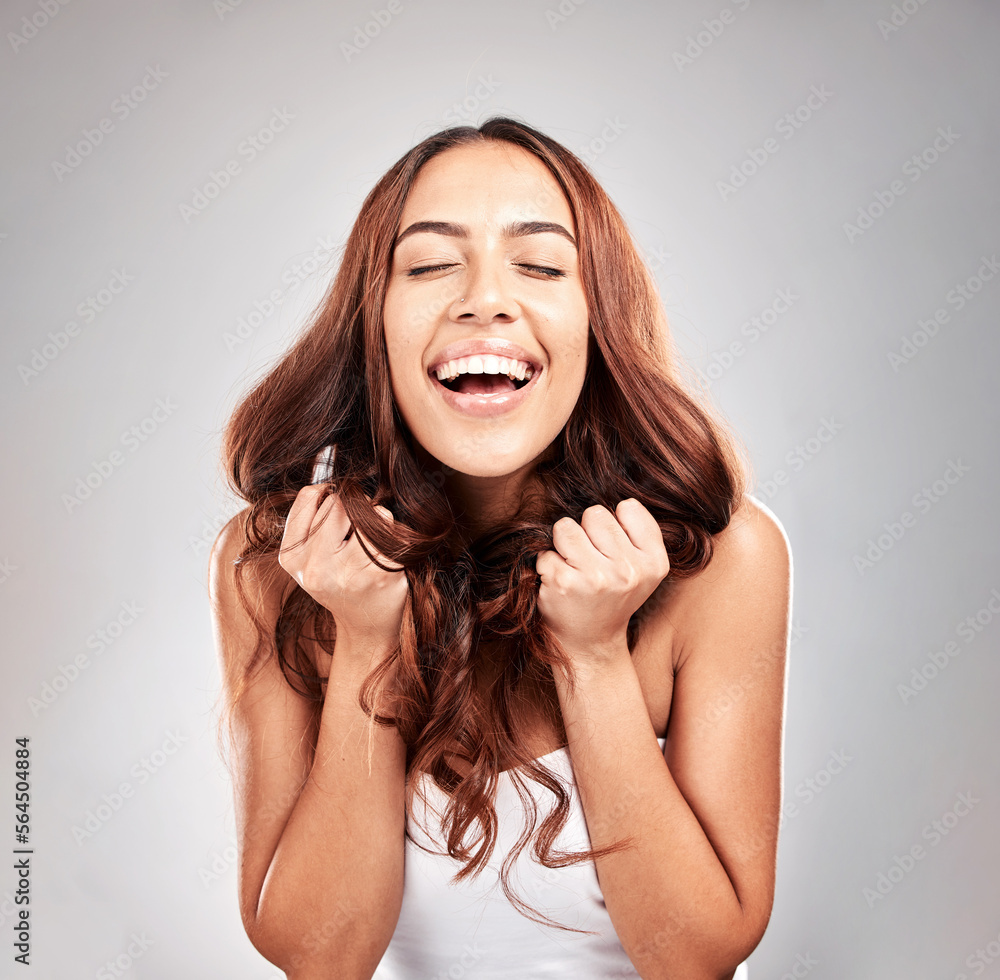 Healthy hair, hands and woman in studio for beauty, color and salon treatment on grey background. Ha