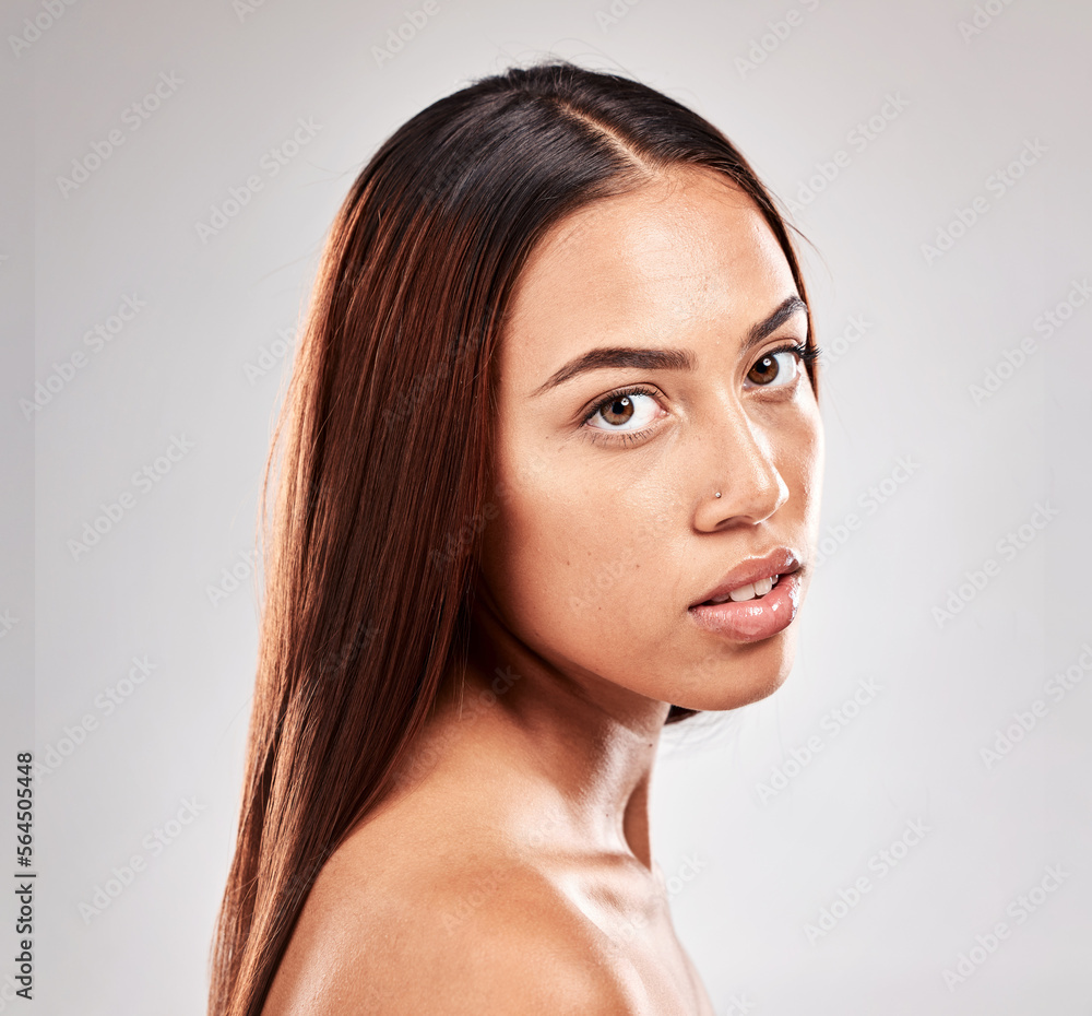 Portrait, woman and face of beauty or skincare model with natural skin isolated against a studio gre