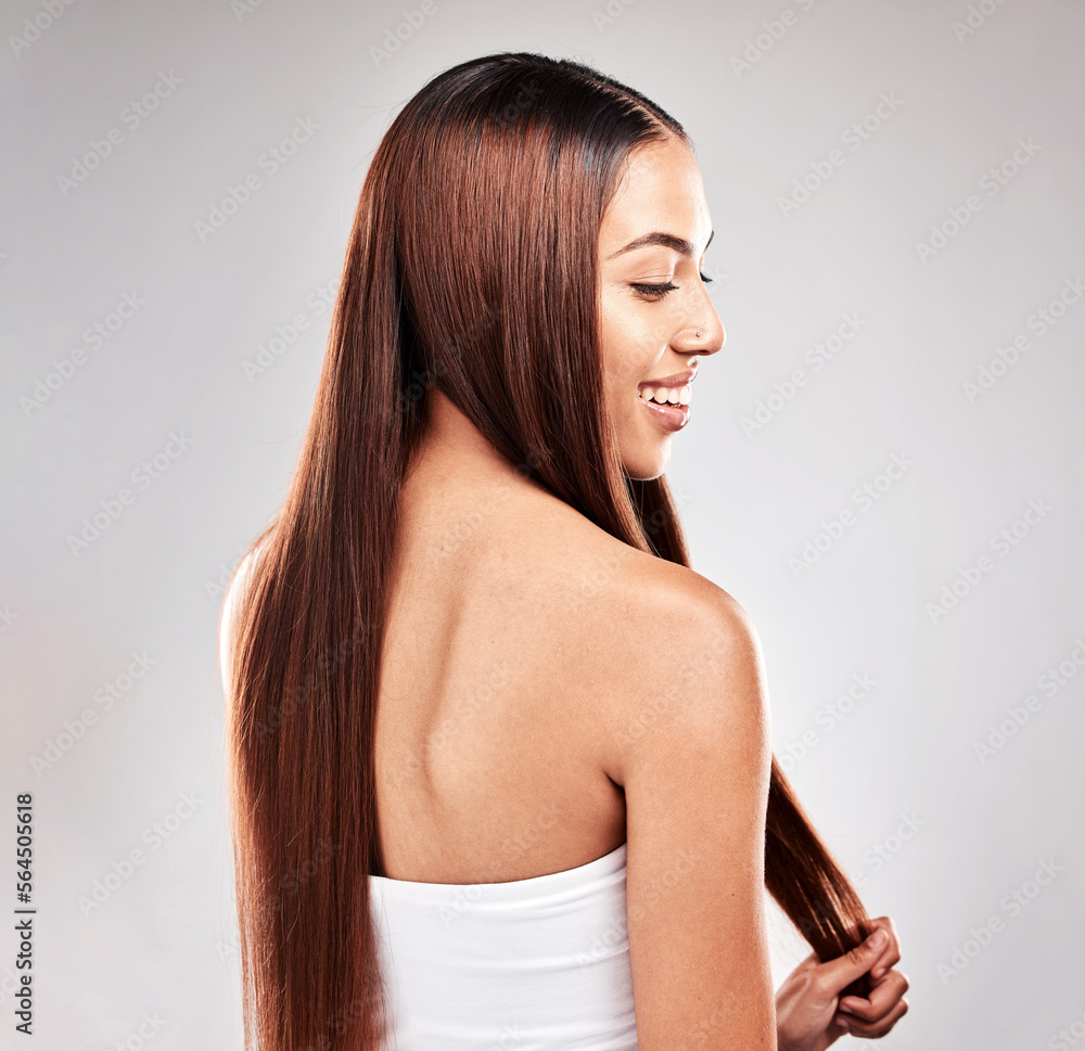 Hair, beauty and back of woman in studio for grooming, healthy hair and salon treatment on grey back