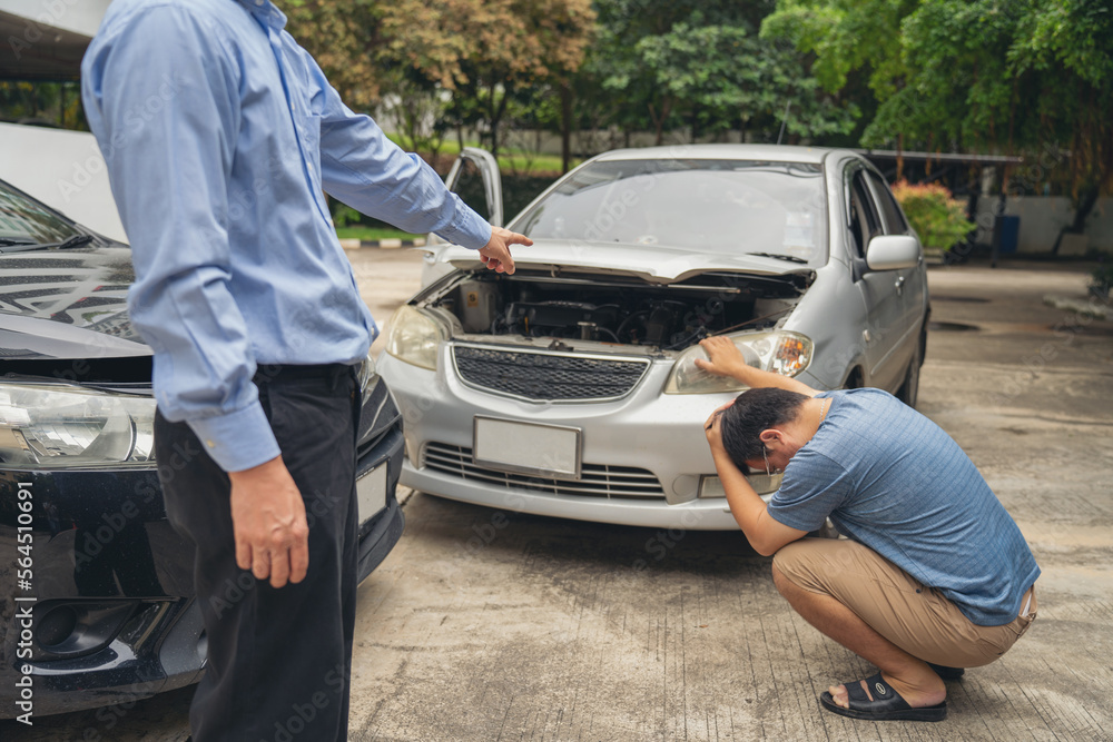 Man Upset and Sit down Motorist In Crash For Crash Insurance Fraud Getting Out Of Car