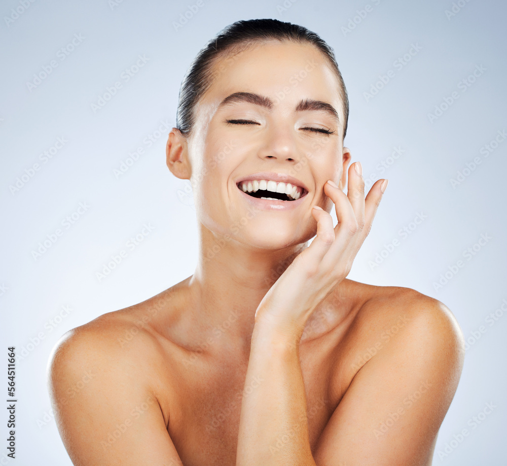 Woman, happy and big smile with teeth for dental wellness, cosmetics oral care and luxury beauty glo