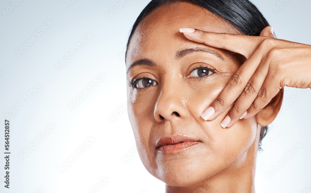 Face portrait, beauty and senior woman in studio isolated on gray background mockup. Makeup cosmetic