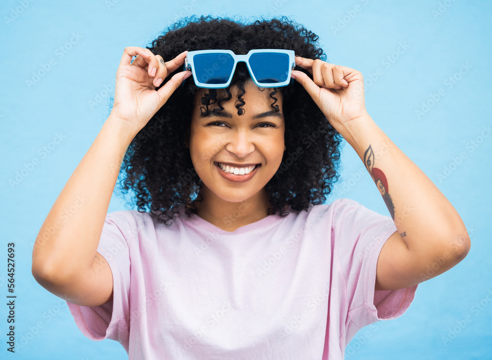 Happy, sunglasses and summer with portrait of black woman for smile, fashion and beauty. Adventure, 