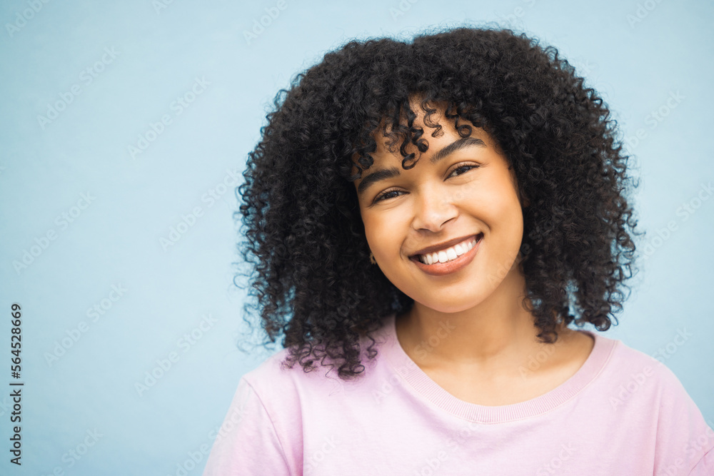 Smile, fashion and portrait of black woman on blue background with makeup, cosmetics and retail mock