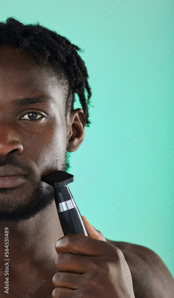 Shaving face with razor, black man in studio and skincare for smooth facial hair on green background