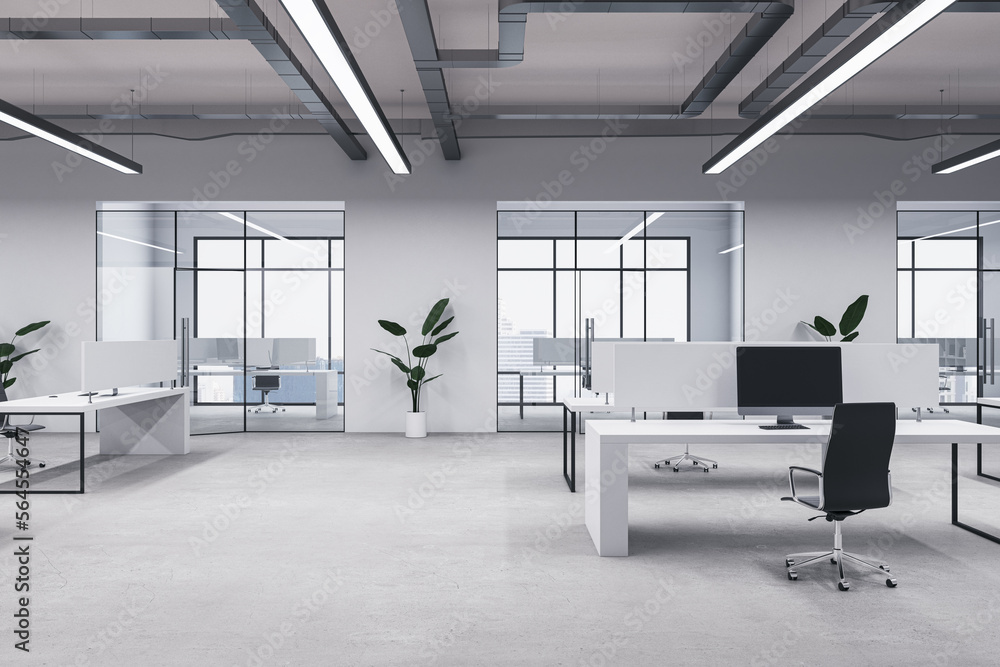 Clean concrete coworking office interior with windows, equipment, furniture and other items. 3D Rend