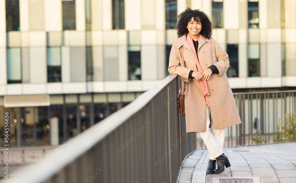 Portrait, business and city with a full body black woman outdoor in the morning on her commute to wo