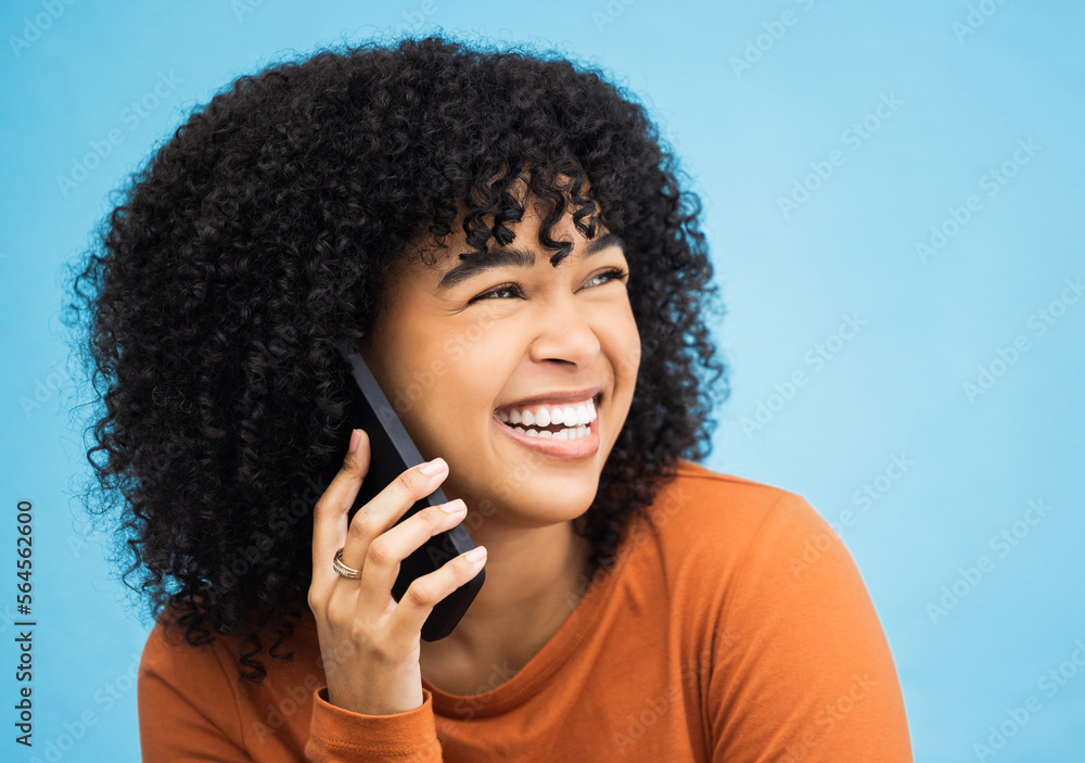 Laughing black woman, face and phone call by isolated blue background in funny gossip, news and comi