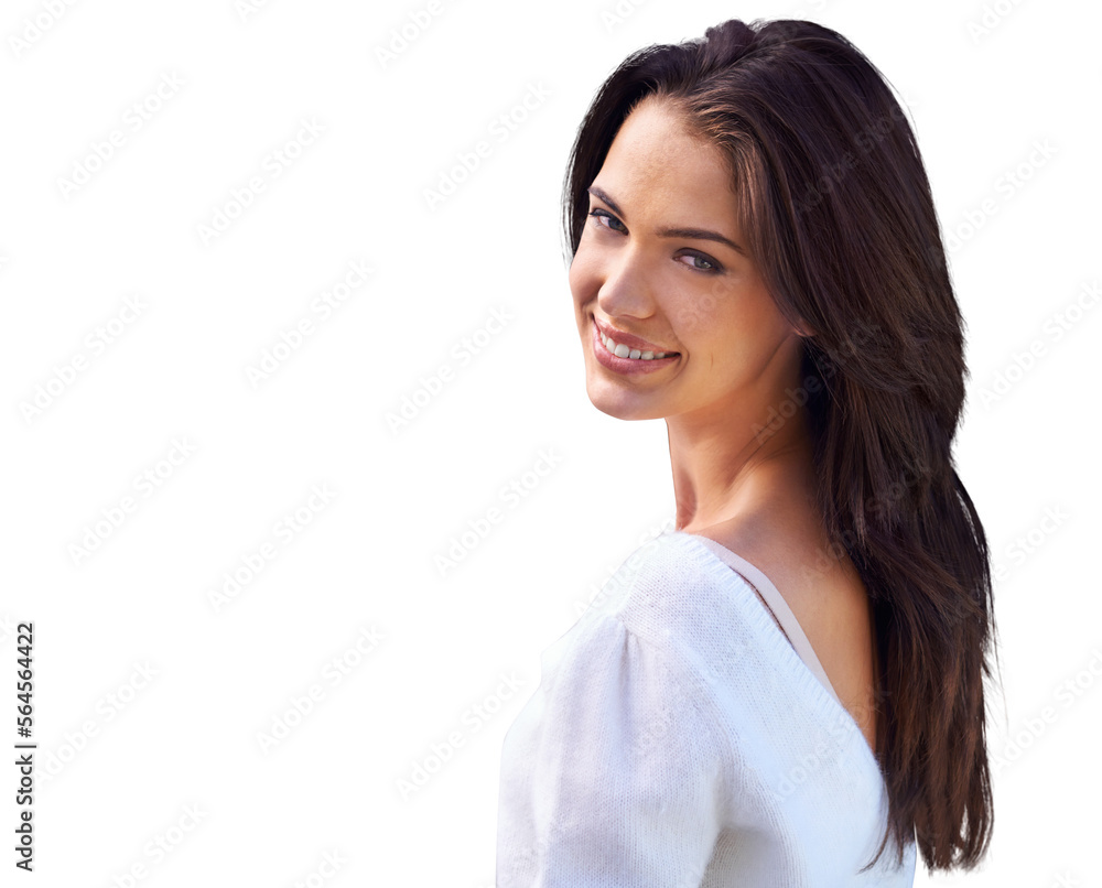 A happy young woman standing isolated on a PNG background.