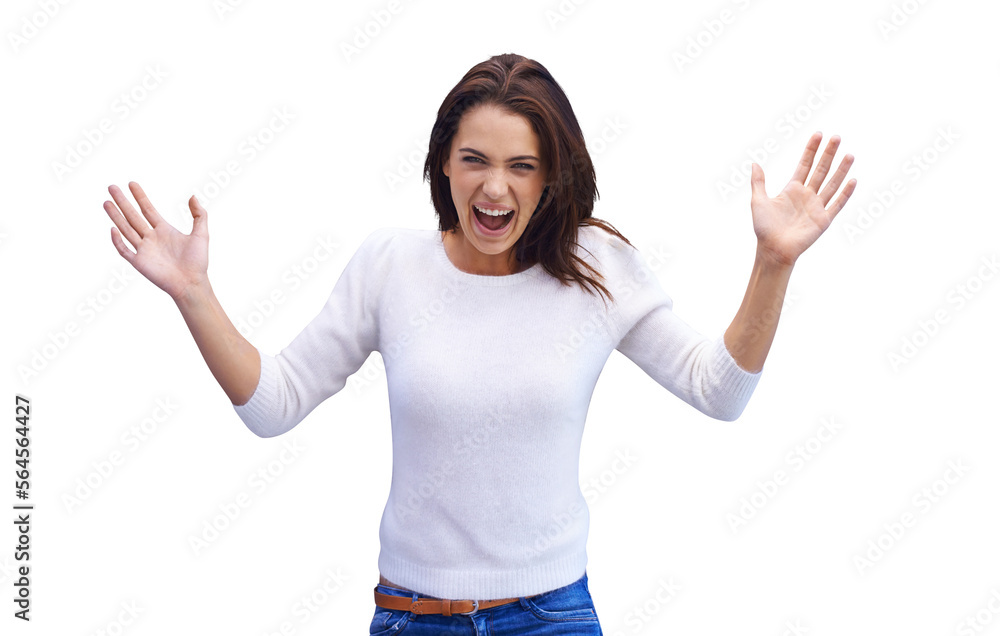 An excited young woman standing isolated on a PNG background.