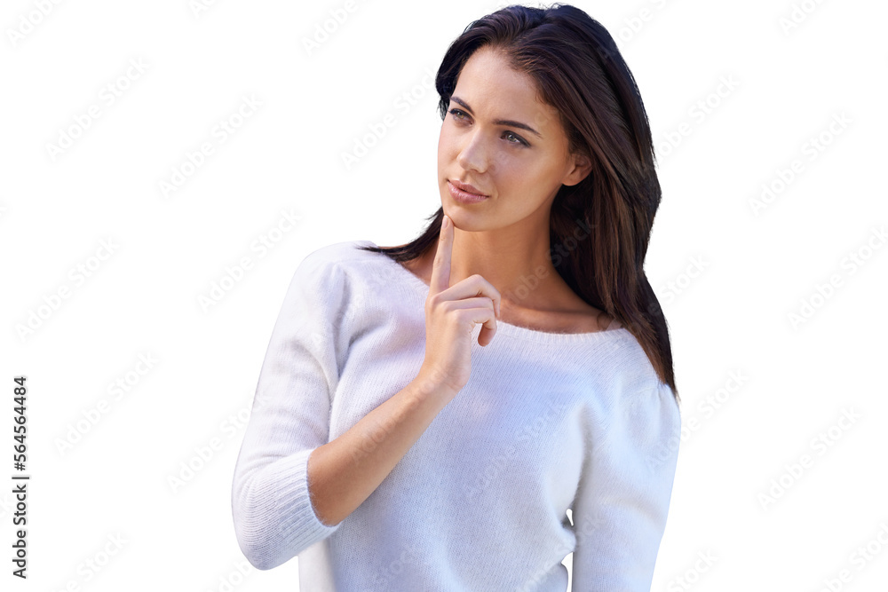 An attractive young woman standing against a gray background deep in thought isolated on a PNG backg