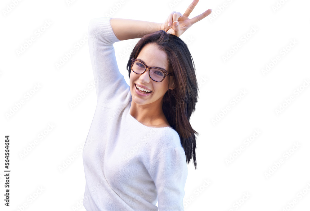 A playful young woman standing and posing with a smile, isolated on a PNG background.