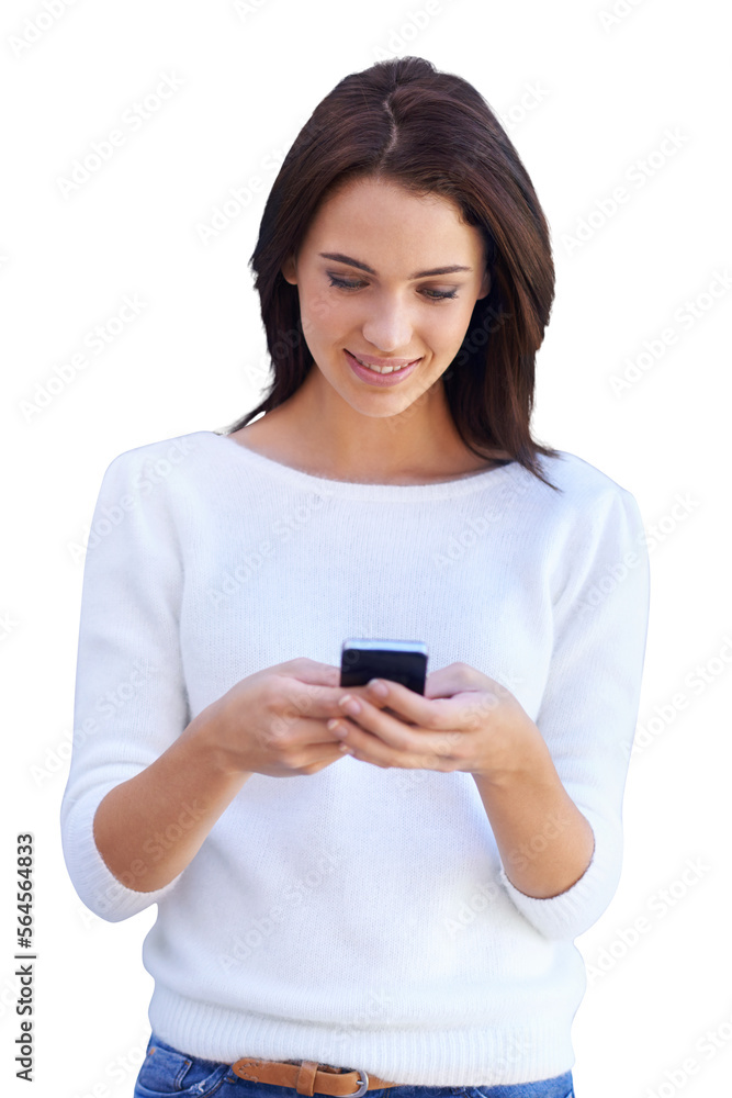 An attractive young woman using her mobile phone isolated on a PNG background.