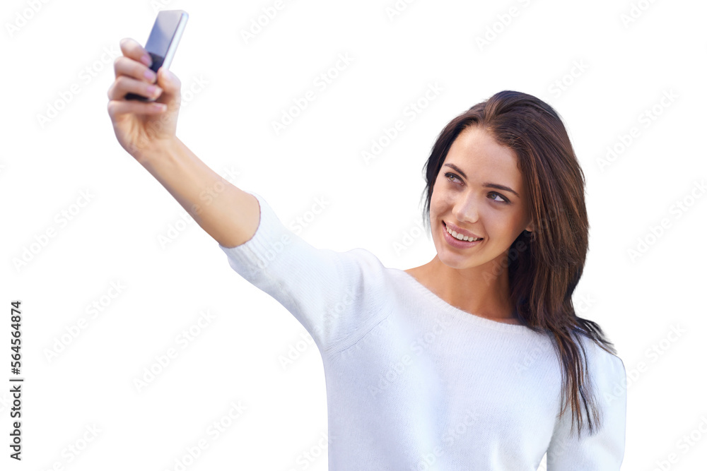 An attractive young woman taking a self portrait isolated on a PNG background.