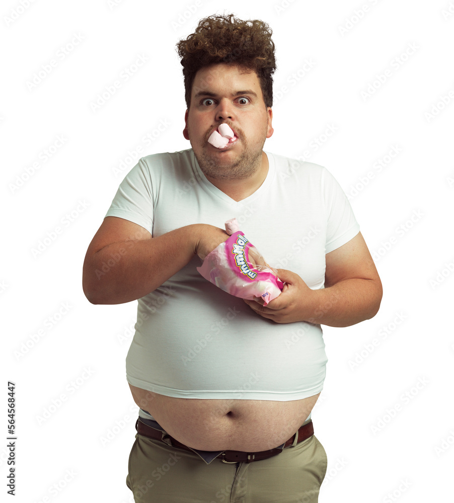 An overweight man with marshmallows shoved in his mouth isolated on a PNG background.