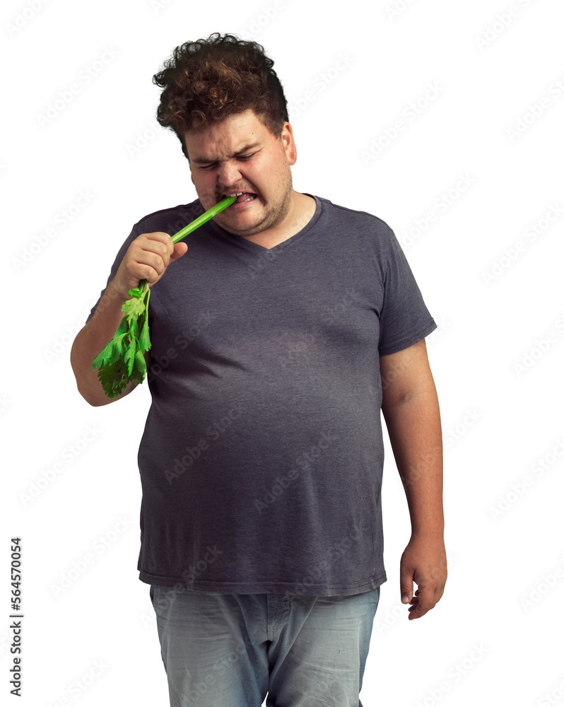 An overweight man biting into a celery stick isolated on a PNG background.