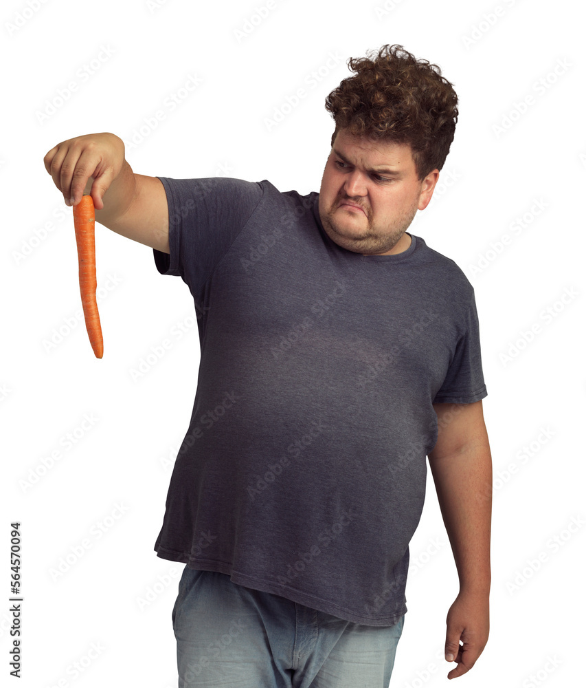 An overweight man holding a carrot isolated on a PNG background.