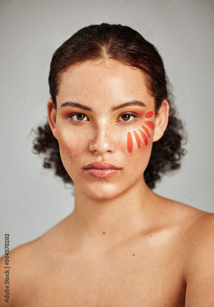 Flower petal, beauty and makeup portrait of a woman in studio for natural face and skincare. Facial 