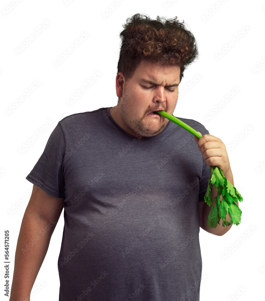 An overweight man biting into a celery stick isolated on a PNG background.