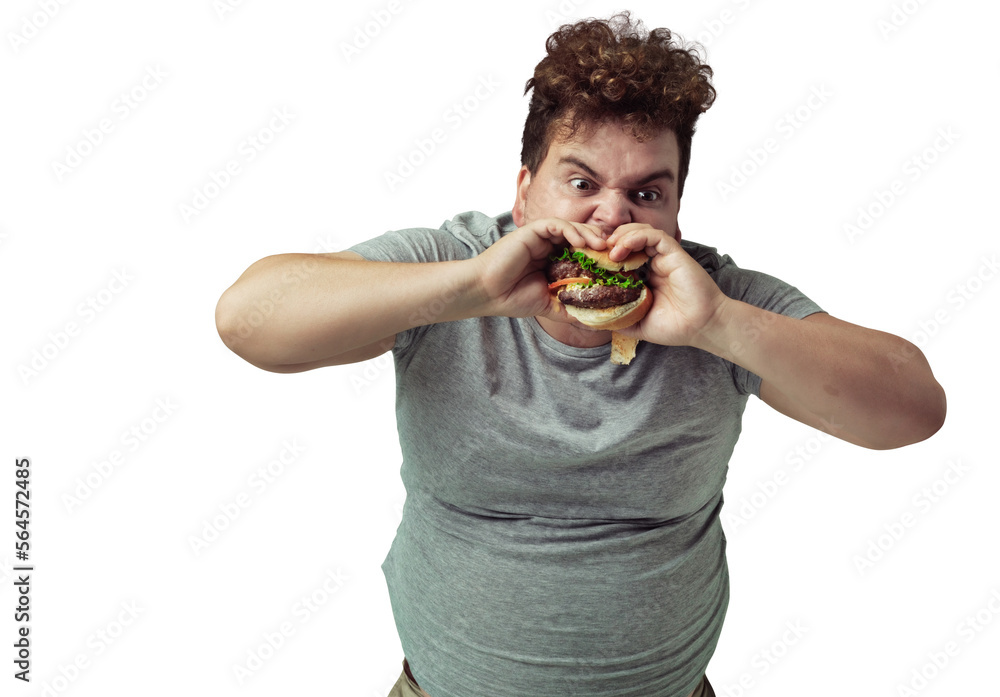 An overweight man biting into a burger isolated on a PNG background.