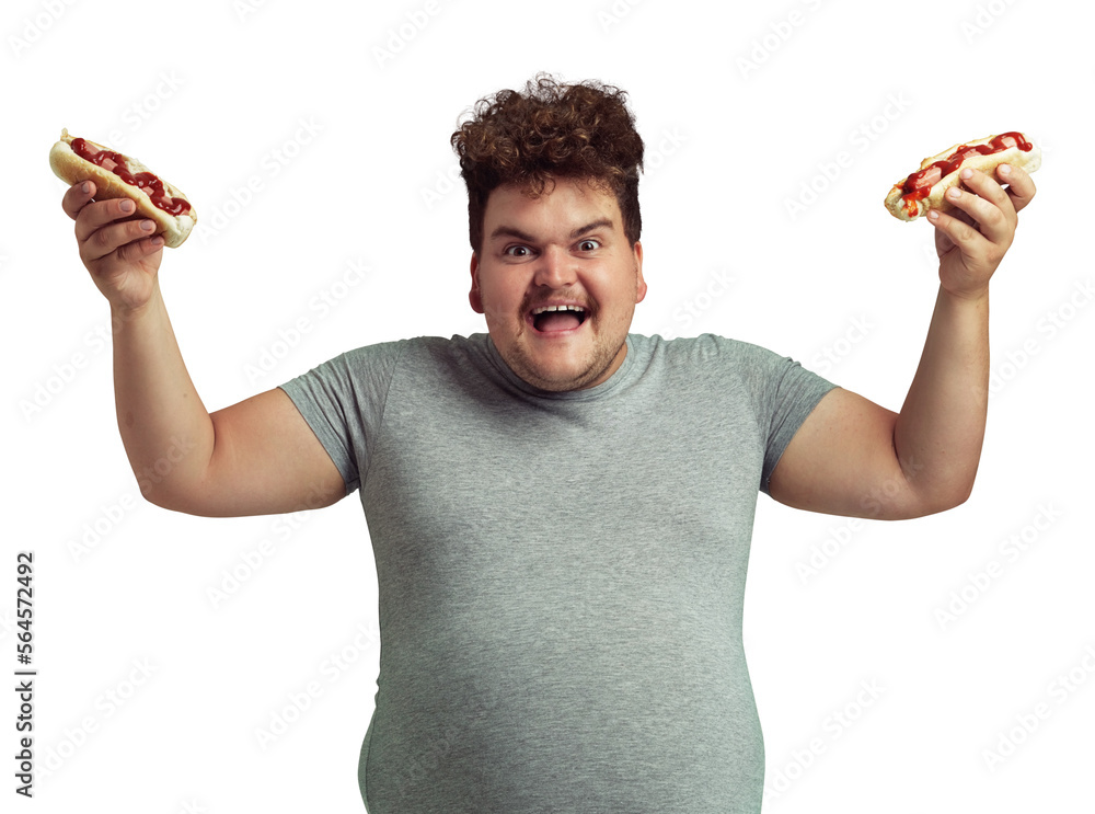 A happy overweight man holding 2 hotdogs in the air isolated on a PNG background.