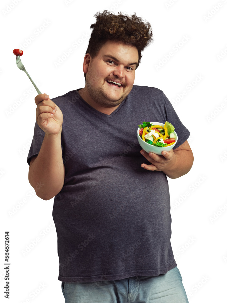 An overweight man holding a bowl of salad in a silly pose isolated on a PNG background.