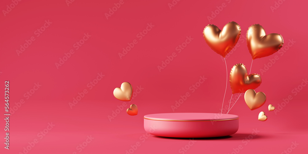 Valentines day stage podium mock up with heart product display showcase 3d rendering