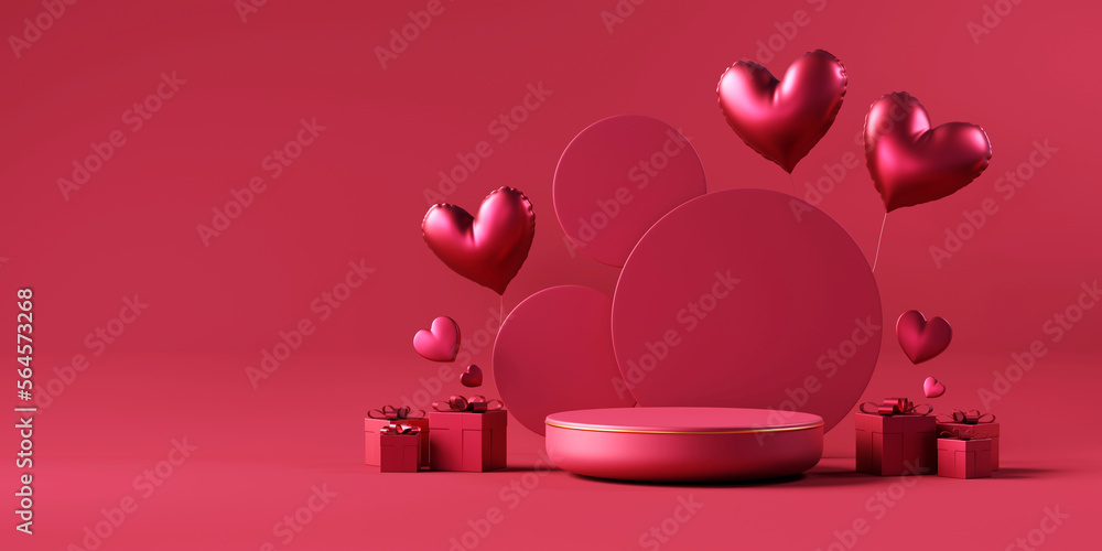 Valentines day stage podium mock up with heart product display showcase 3d rendering