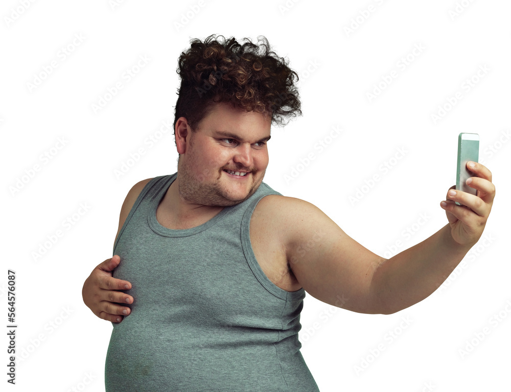 An overweight man taking a selfie with his phone isolated on a PNG background.