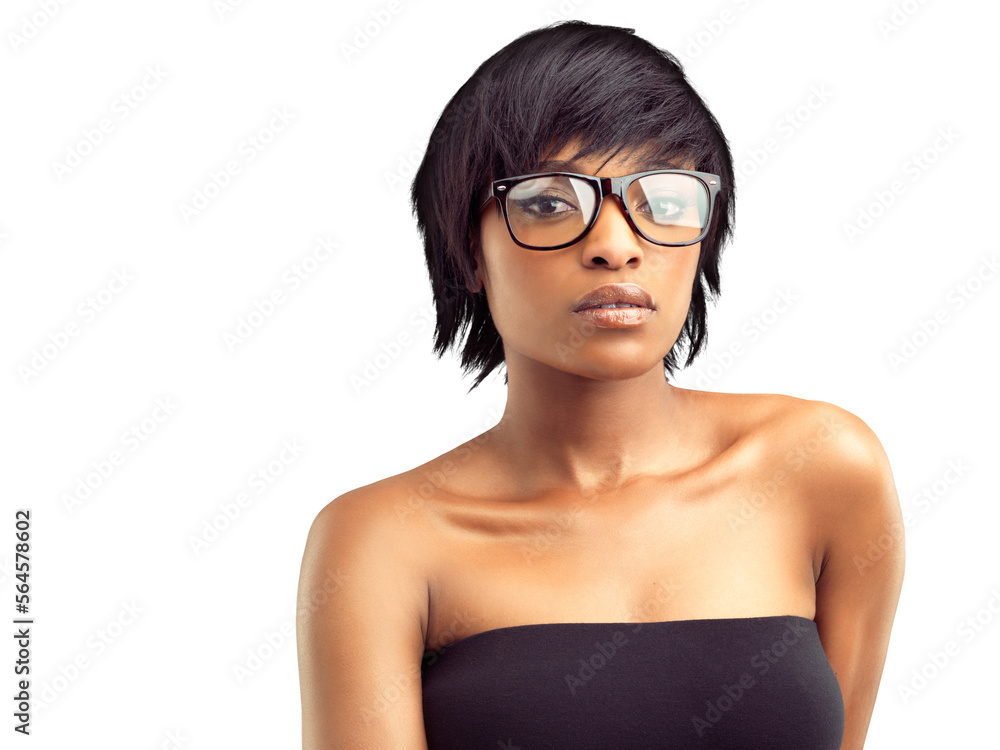 Head and shoulders portrait of a confident African woman wearing spectacles isolated on a PNG backgr