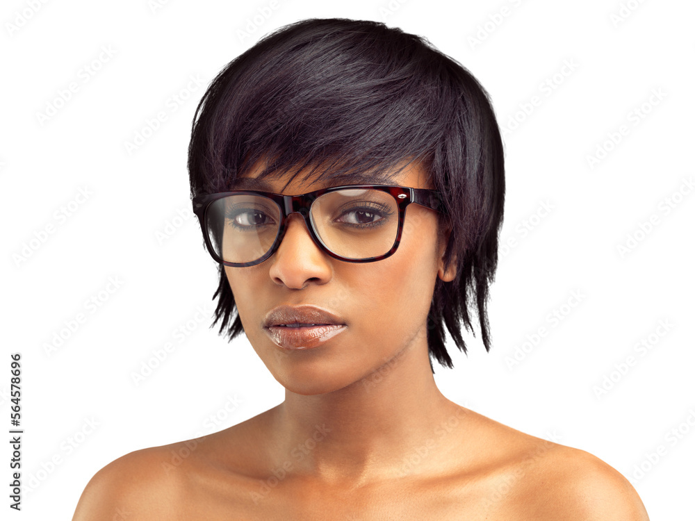 Portrait of a beautiful african woman looking seriously at the camera isolated on a PNG background.