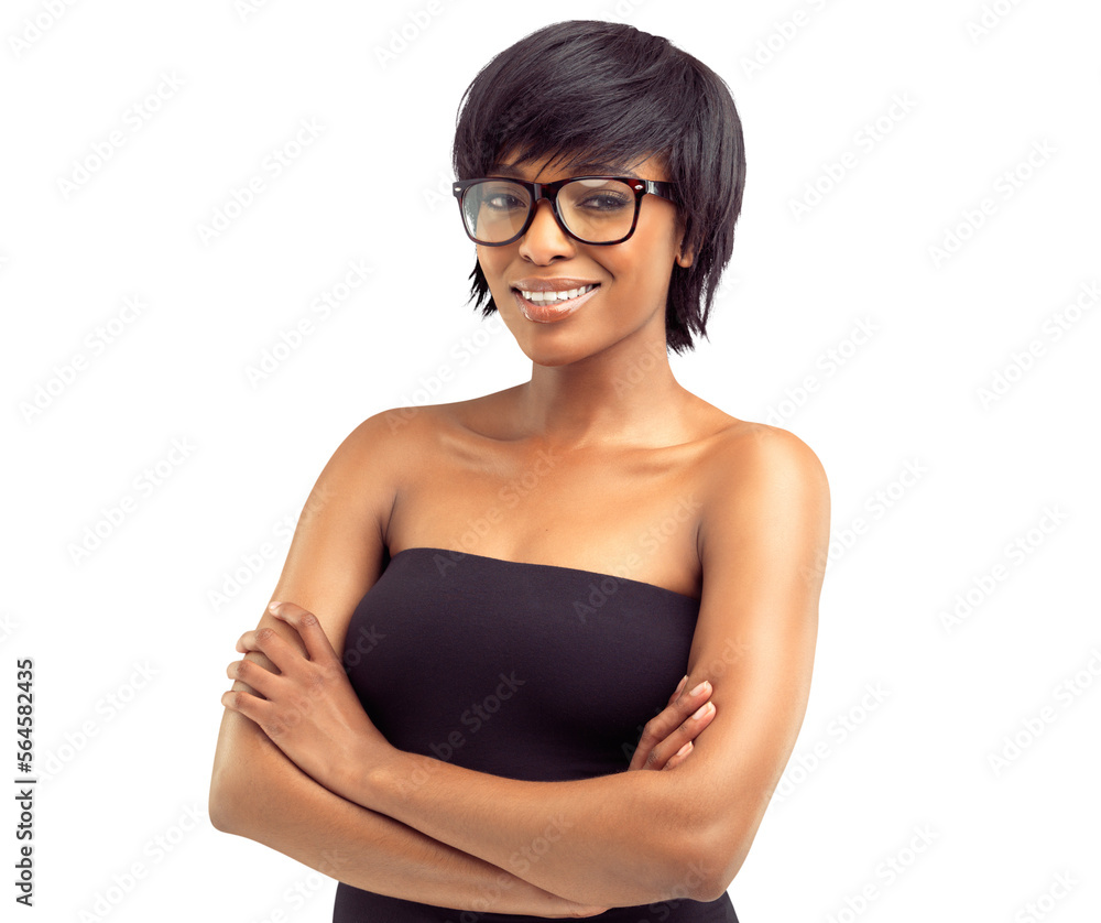 A smiling african woman wearing spectacles with her arms crossed isolated on a PNG background.